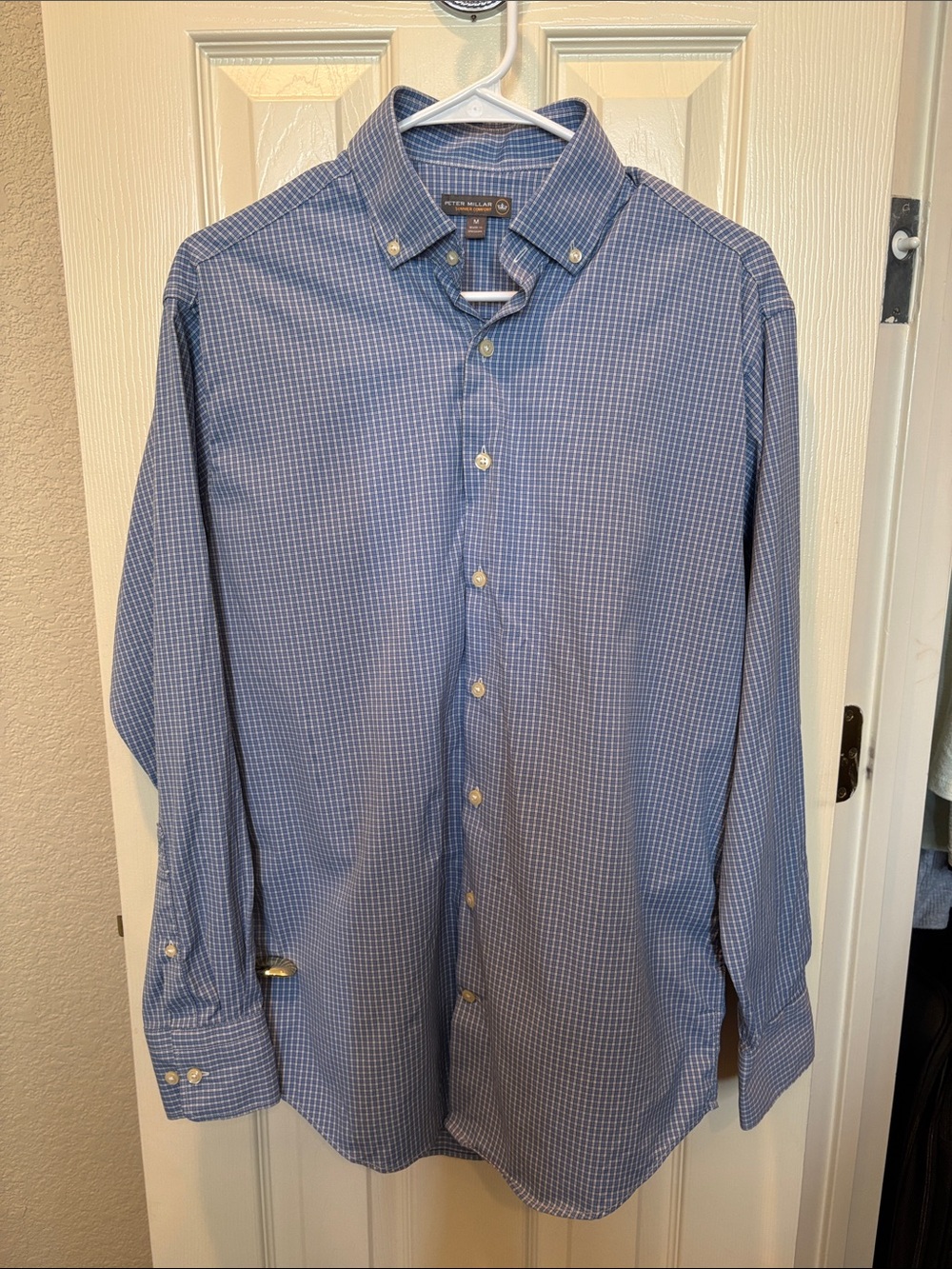 Peter Millar Summer Comfort Men's Blue Micro Check Performance Shirt Size M